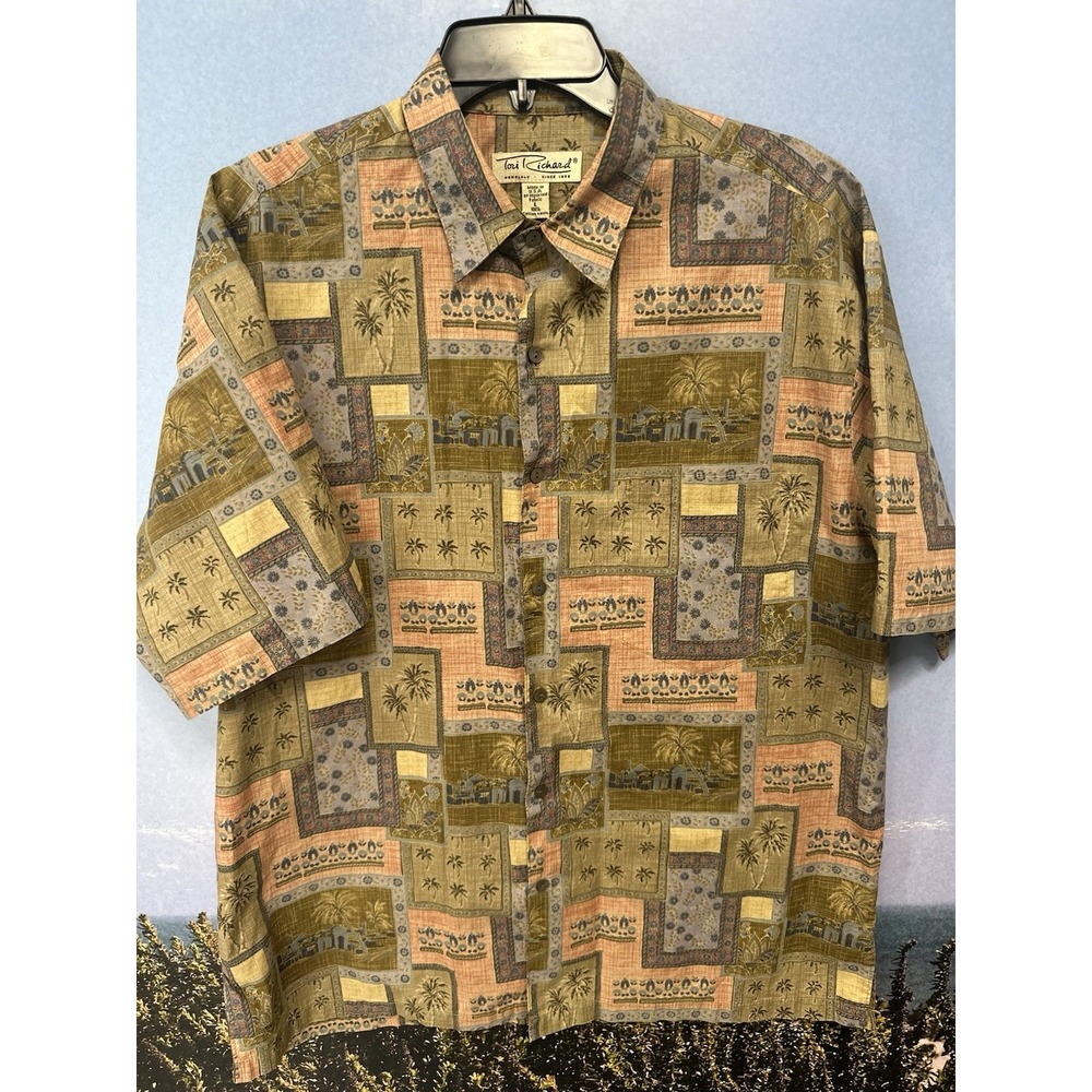 Tori Richard Shirt Mens L Green Palm Print USA Made Hawaiian Cotton Lawn Resort - Picture 1 of 4